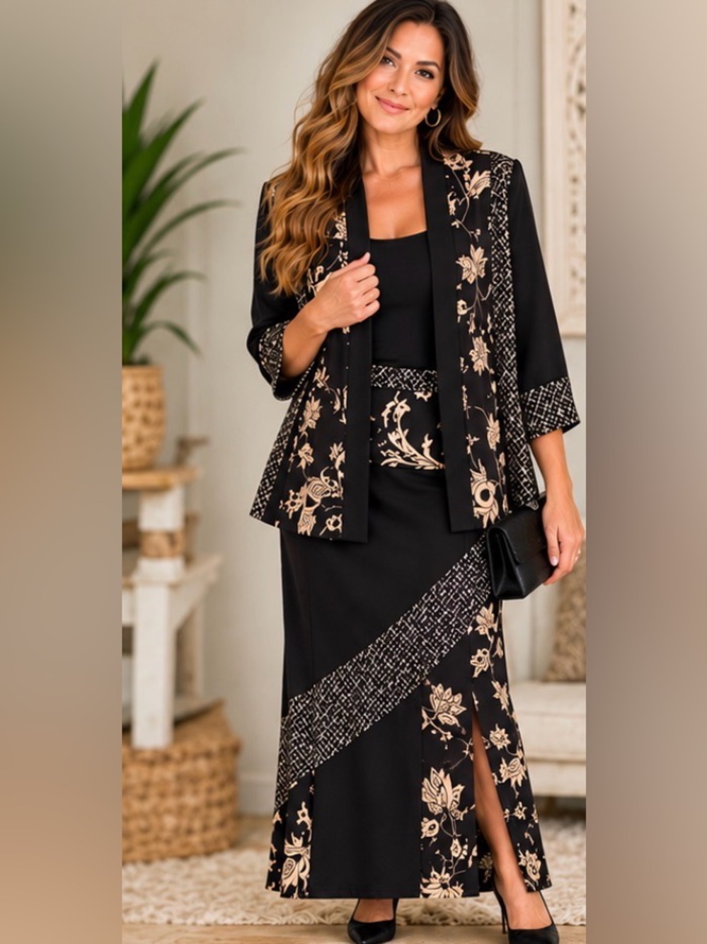 25.5” ptp 29” w Bellessa Two-Piece Split Skirt Suit Floral Two-Piece Set XL